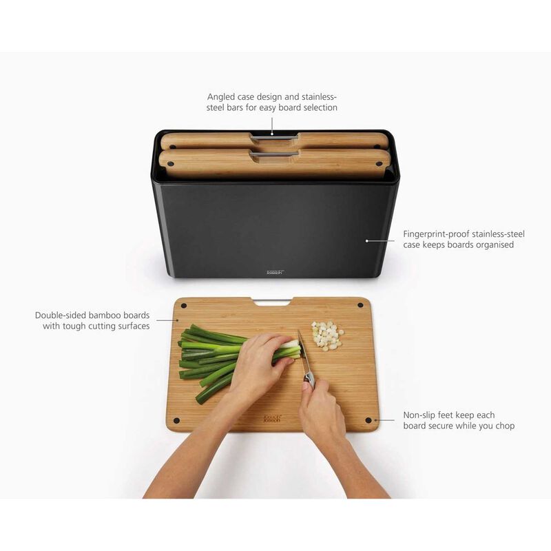 Joseph Joseph Folio&trade; Steel 3-Piece Bamboo Chopping Board Set Black Case image number 3