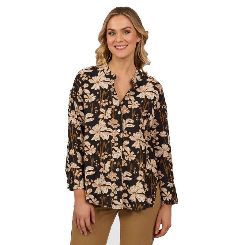 Vassalli Printed Long Sleeve Chinese Collar Shirt With Side Hem Insert image number 0