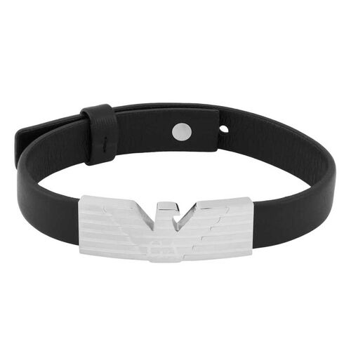 Emporio Armani Stainless Steel And Black Leather Strap Id Bracelet