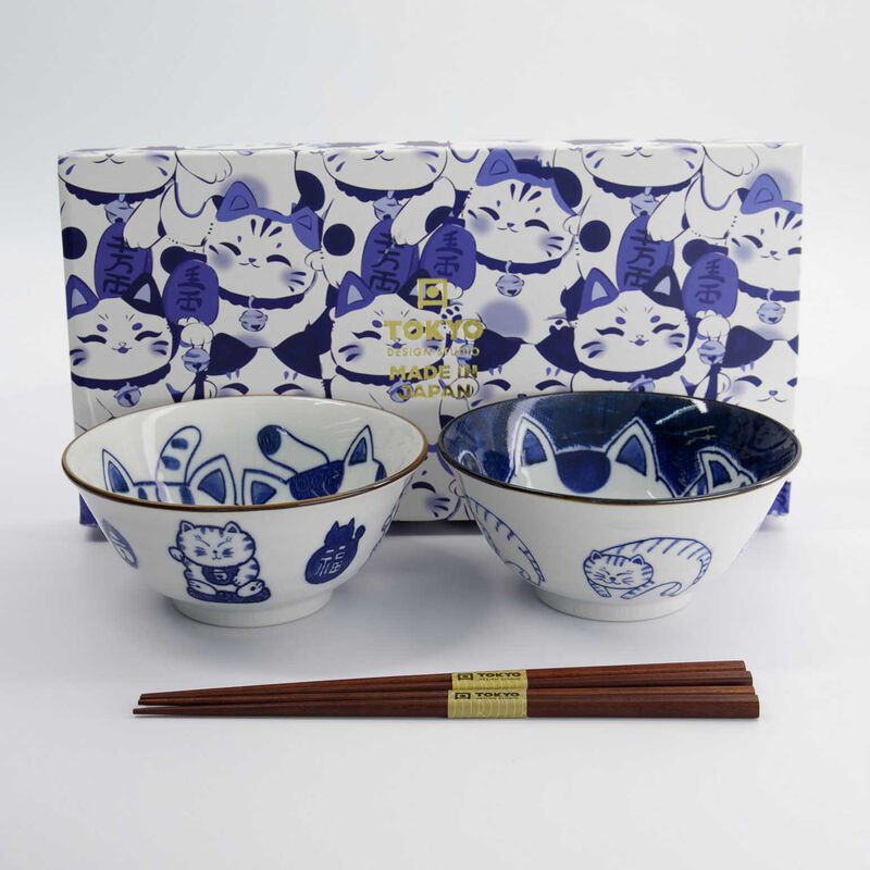 Tokyo Design Studio Kawaii Cat Neko Bowl 2pc With Chopsticks Gift Boxed image number 2