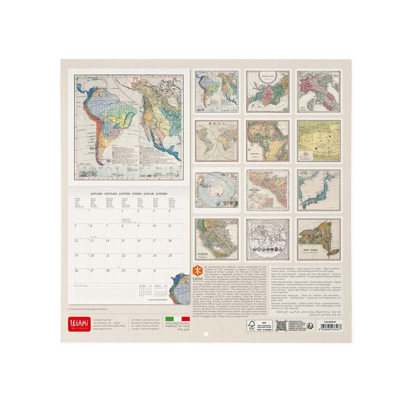 Legami Vintage Maps 2026 Wall Calendar 30x29cm image number 2