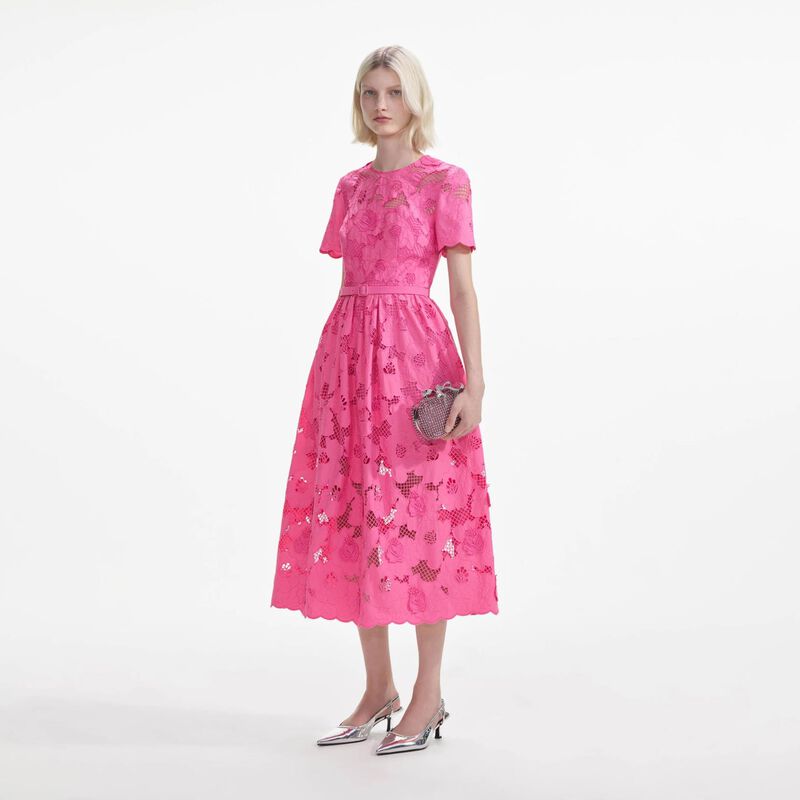 Self Portrait Pink Cotton Lace Midi Dress image number 3