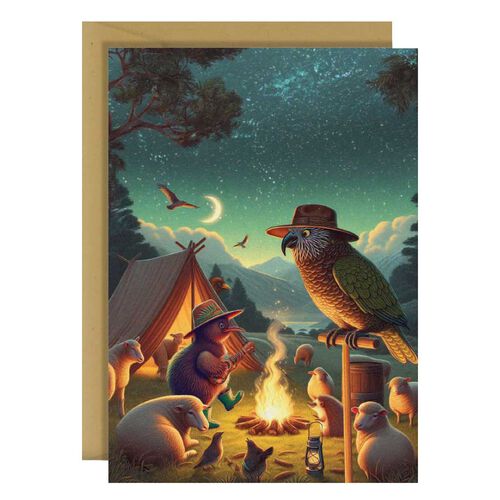 Blackwell Press New Zealand Animalsinging A Song Around A Campfire Card