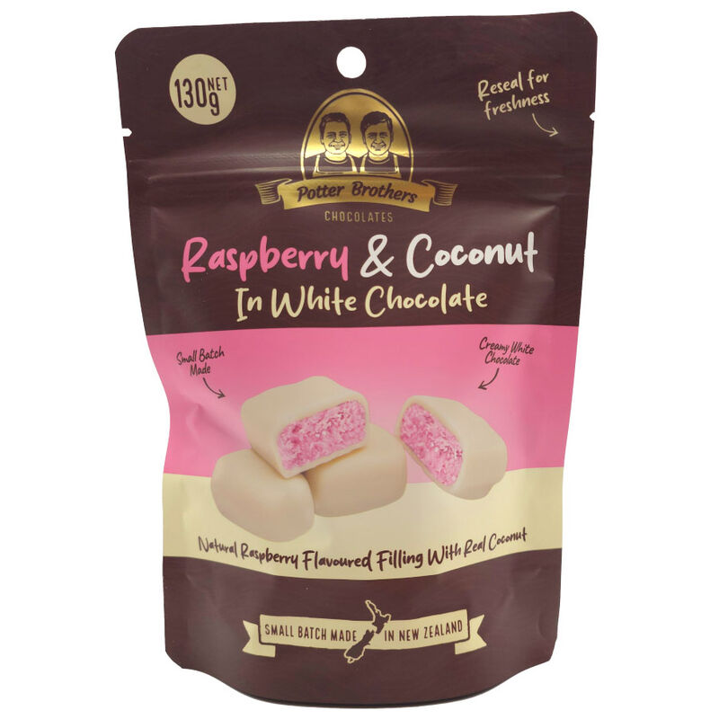 Potter Brothers Raspberry & Coconut in White Chocolate 130g image number 0
