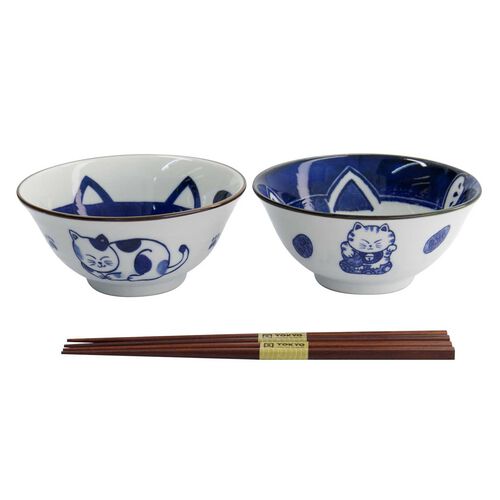 Tokyo Design Studio Kawaii Cat Neko Bowl 2pc With Chopsticks Gift Boxed