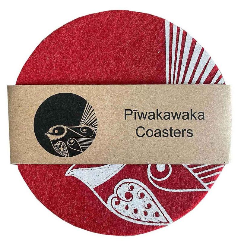 Jo Luping Piwakawaka On Red Set Of 4 Ecofelt Coaster image number 2
