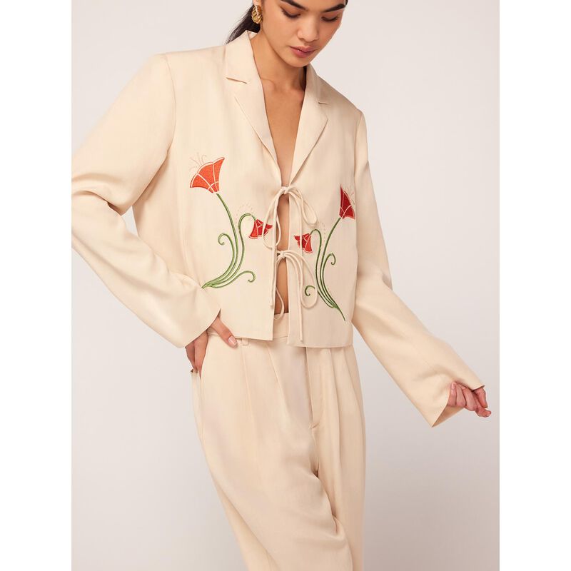 KITRI Cressida Sand Embroidered Tie Front Blazer image number 2