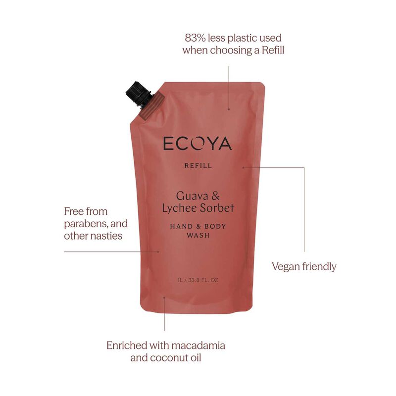 ECOYA Hand & Body Wash Refill Guava & Lychee Sorbet 1L image number 2