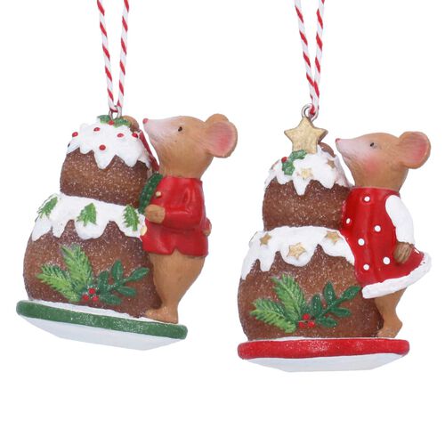 Gisela Graham Resin Holly & Alfie Mouse W Xmas Pudding Dec,