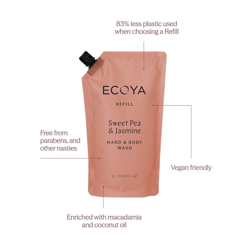 ECOYA Hand & Body Wash Refill Sweet Pea & Jasmine 1L image number 2