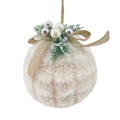 Faux Fur Ball With Jute Bow & Bead 4 Inch