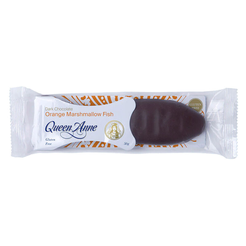 Queen Anne Marshmallow Fish Dark Chocolate Orange 50g image number 0