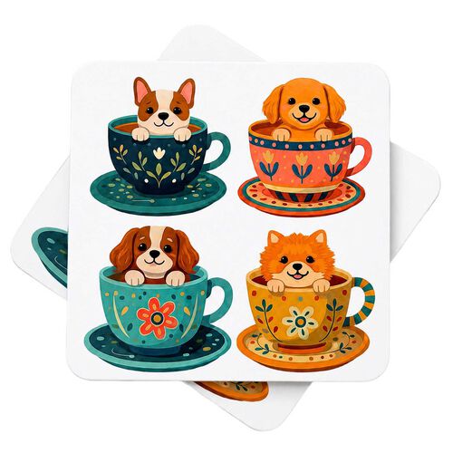Urban Products Dog Teacup Tails Cork & MDF Coasters Blue 10cm Set Of 4