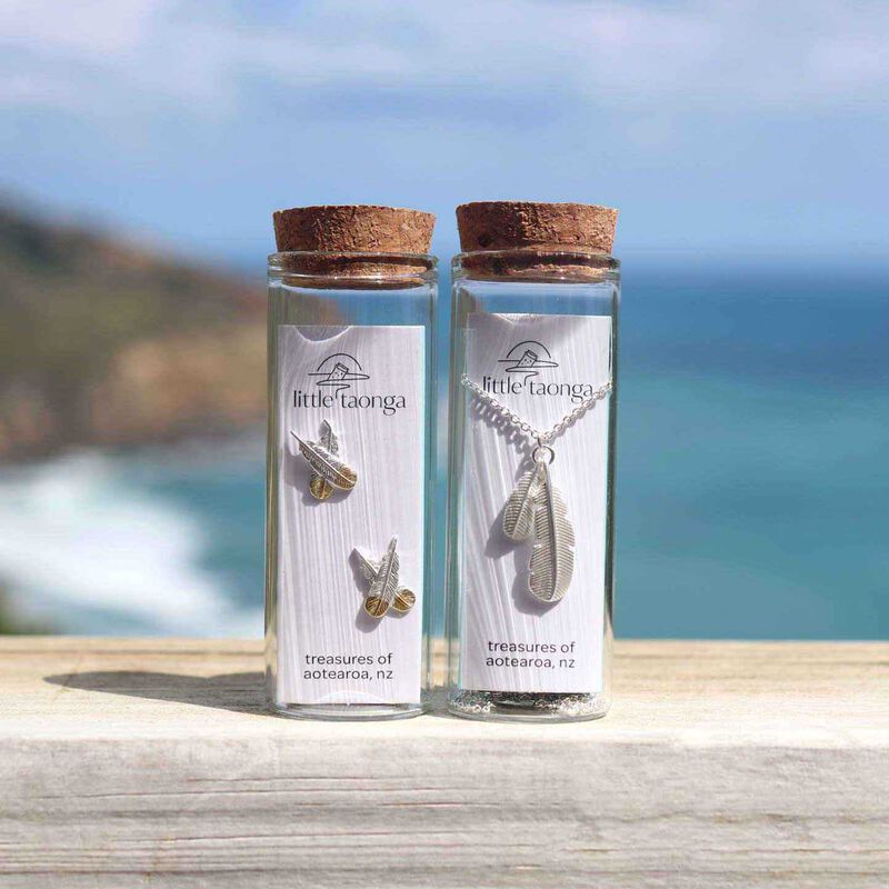 Little Taonga Huia Crossed Feather Earrings Silver With Gold Tips image number 1