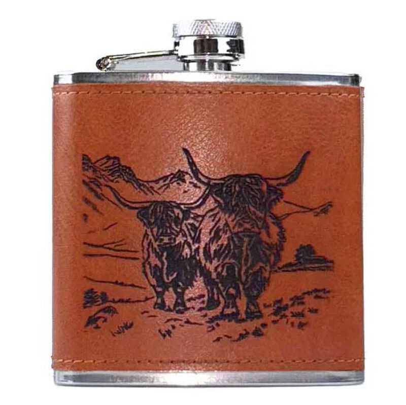 Selbrae House Leather Hip Flask - Scenic Highland Cow image number 0