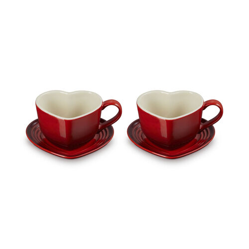 Le Creuset Stoneware Set of 2 Heart Mugs with Saucers