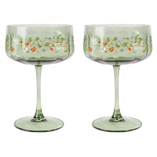 Urban Products Enchanted Garden Floral Coupe Glass Green 16cm Set Of 2