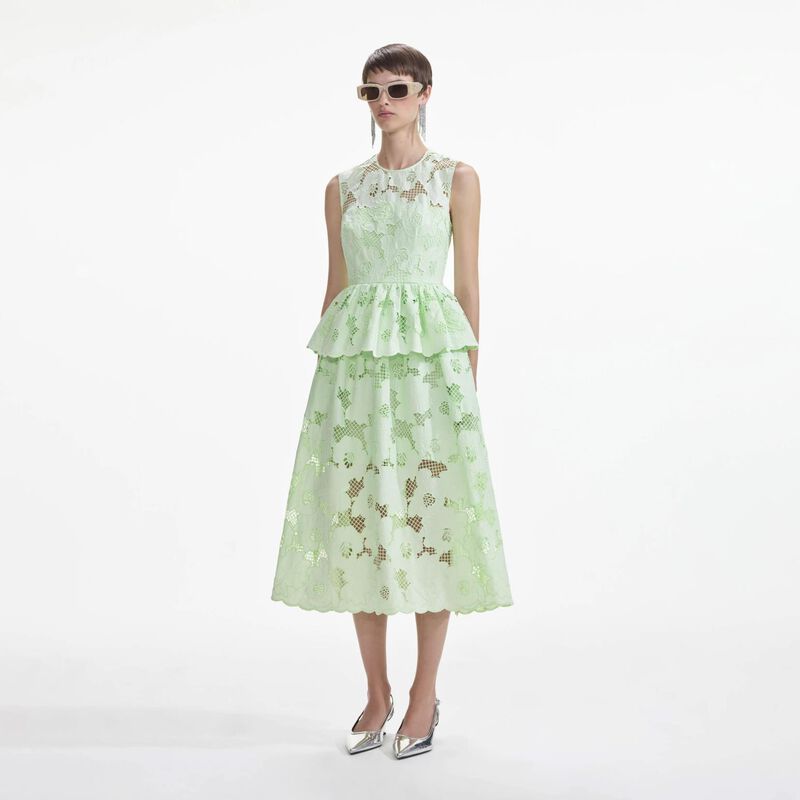 Self Portrait Mint Cotton Lace Peplum Midi Dress image number 3