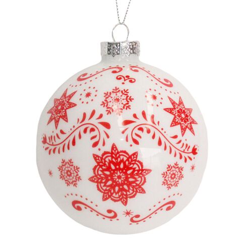Glass Ball White with Red Snowflake Pattern 10cm