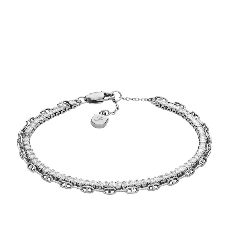 Fossil Heritage D-Link Glitz Silver-Tone Brass Chain Tennis Bracelet image number 0