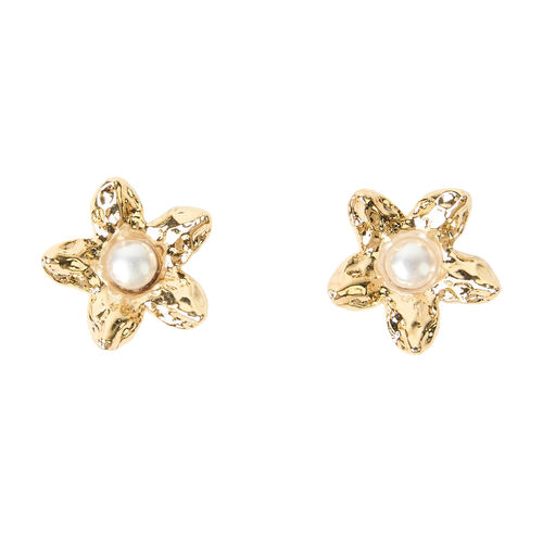 Stella + Gemma Earring Gold Beaten Flower with Pearl Centre