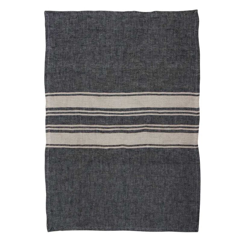 French Country Twill Tea Towel Charcoal with Narrow Natural Stripes image number 0