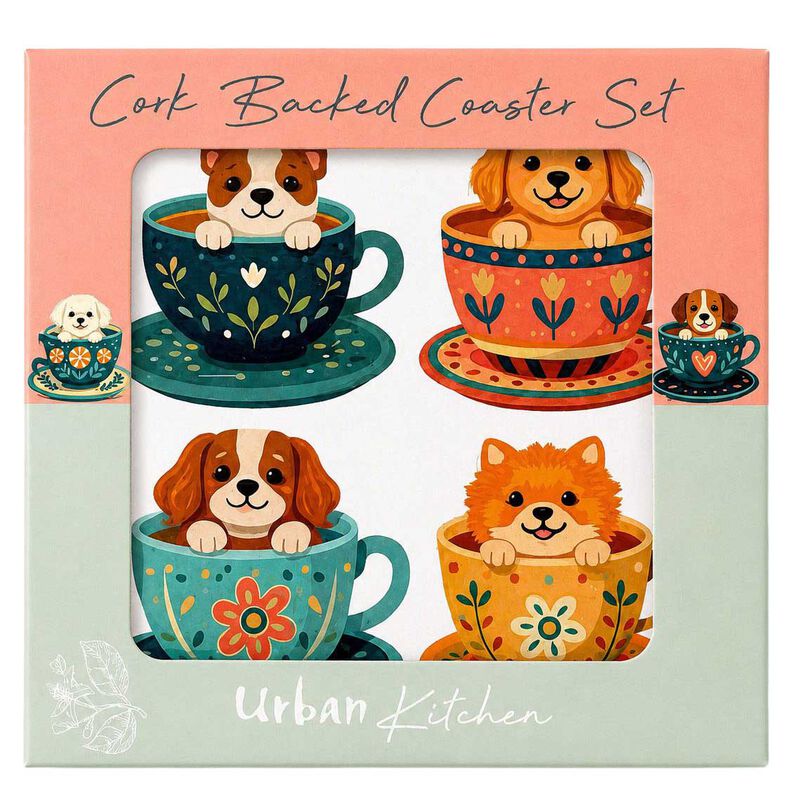 Urban Products Dog Teacup Tails Cork & MDF Coasters Blue 10cm Set Of 4 image number 2