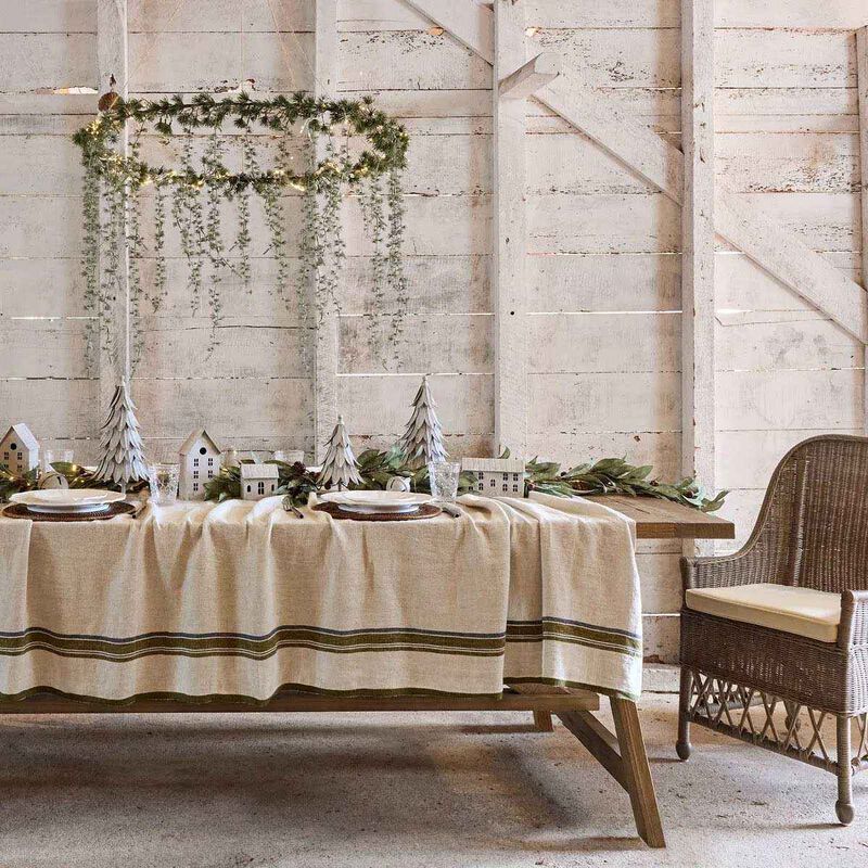 French Country Green Selvedge Stripe Linen Tablecloth image number 1