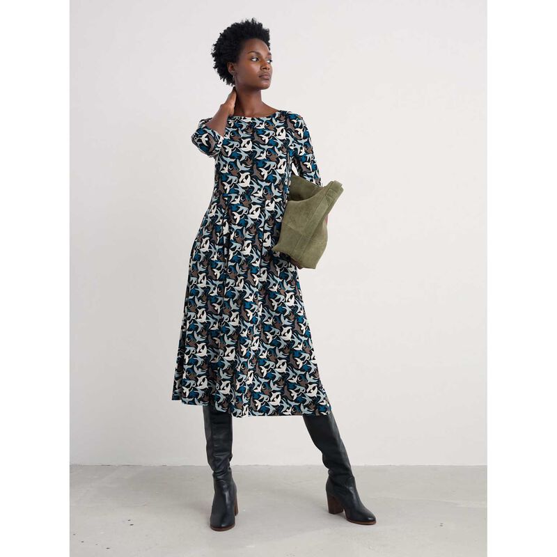 Seasalt Cornwall 3/4 Wild Bouquet Dress Swooping Birds Onyx image number 2
