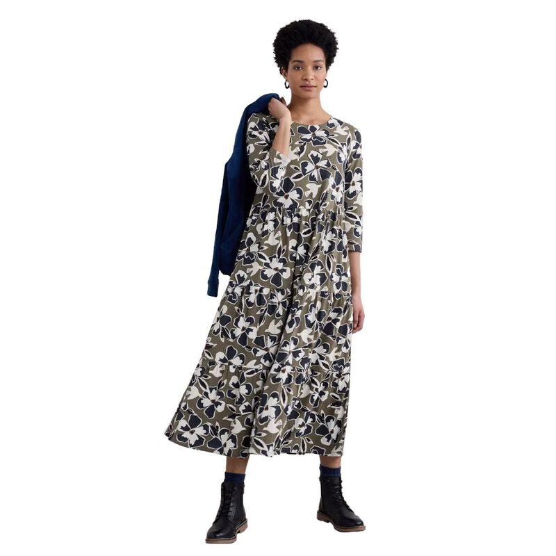 Seasalt Cornwall Line Strokes Dress Bird Flower Dark Seagrass image number 0