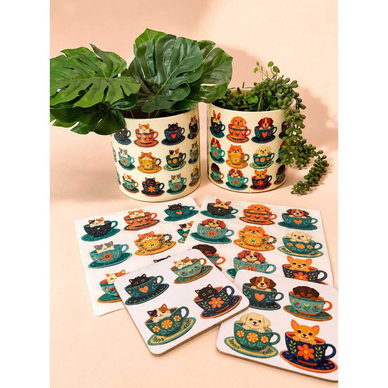 Urban Products Dog Teacup Tails Cork & MDF Coasters Blue 10cm Set Of 4 image number 1