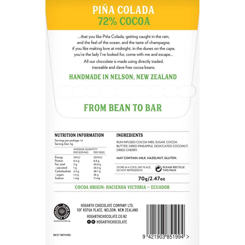 Hogarth Pi&ntilde;a Colada 72% Dark Chocolate with Rum Bar 70g image number 1