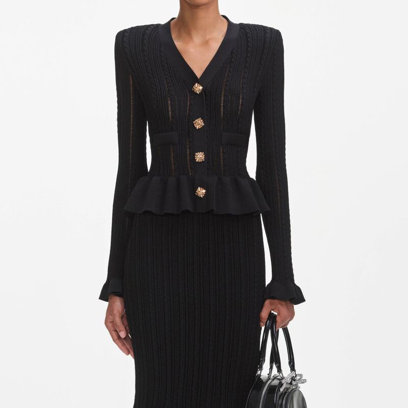 Self Portrait Black Knit Peplum Midi Dress image number 2