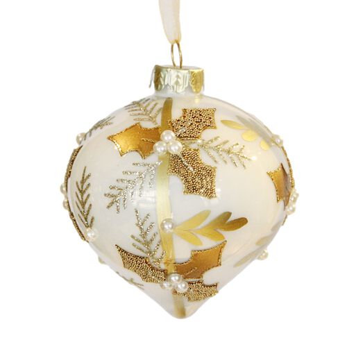 Glass Onion White With Gold Holly Leaf 80mm