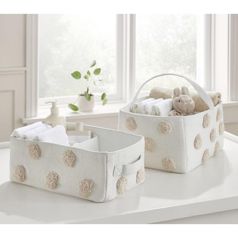 Pottery Barn Kids Embroidered Dot Nursery Storage Divided Bin Oatmeal image number 1