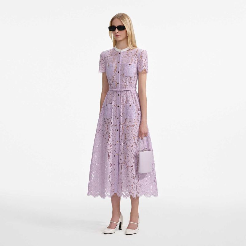 Self Portrait Lilac Lace Button Front Midi Dress image number 3