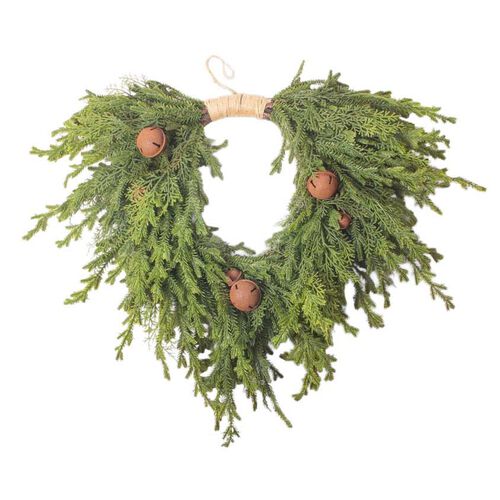 French Country Pine Heart Wreath with Bells Small
