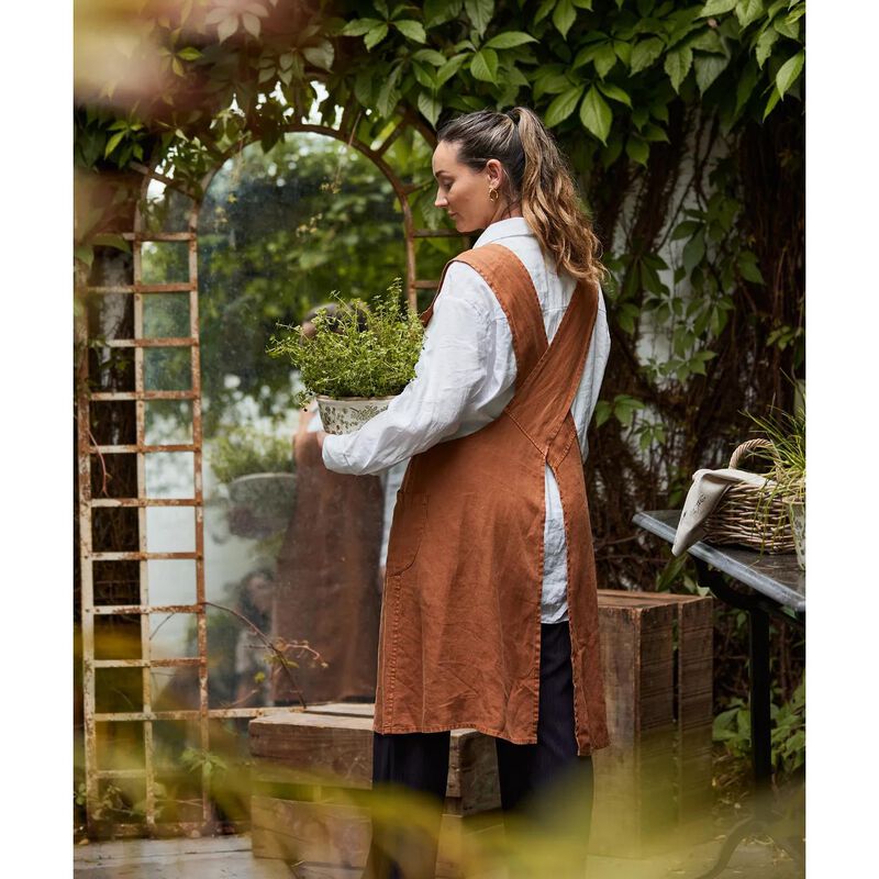 French Country Cross Back Apron Tobacco Stonewashed Linen image number 0