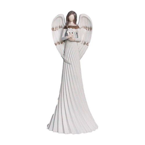 Angel With Bird House & Fluted Skirt Cream 25cm