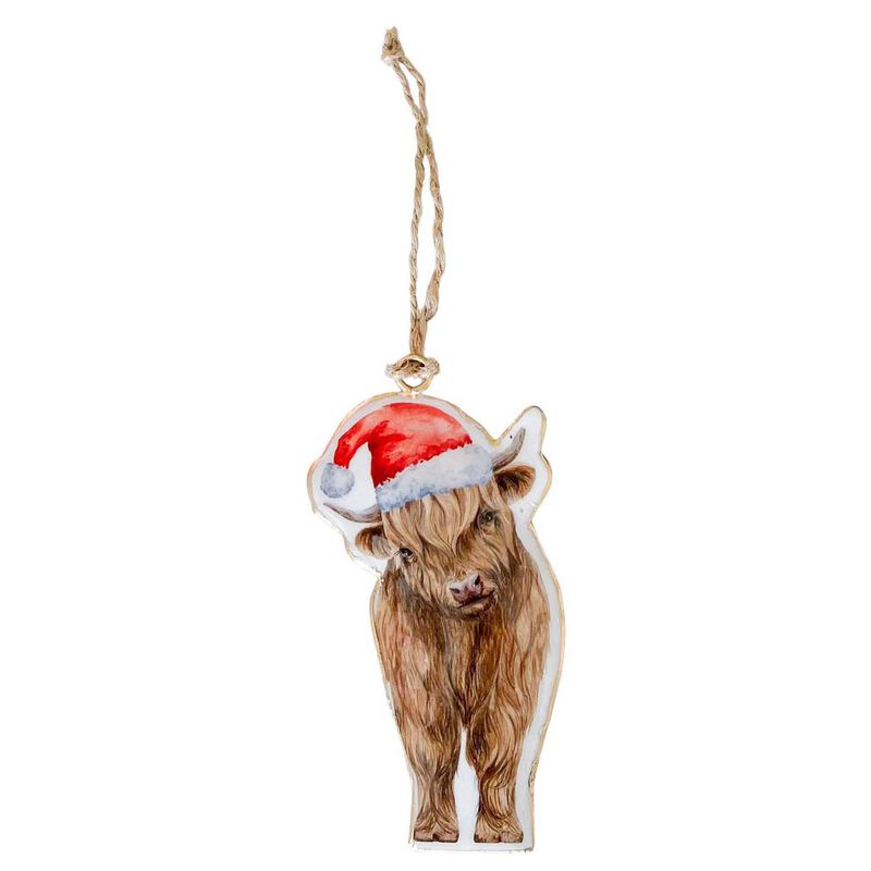 Highland Cow/Sheep With Hat Metal Hanging Decoration White & Red 11cm image number 0