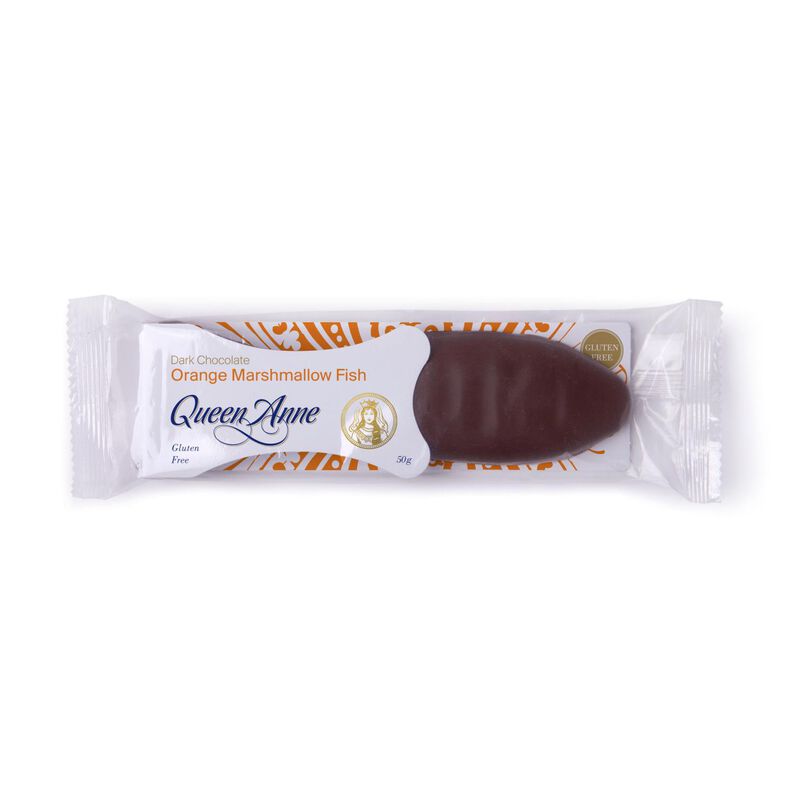 Queen Anne Marshmallow Fish Dark Chocolate Orange 50g image number 0
