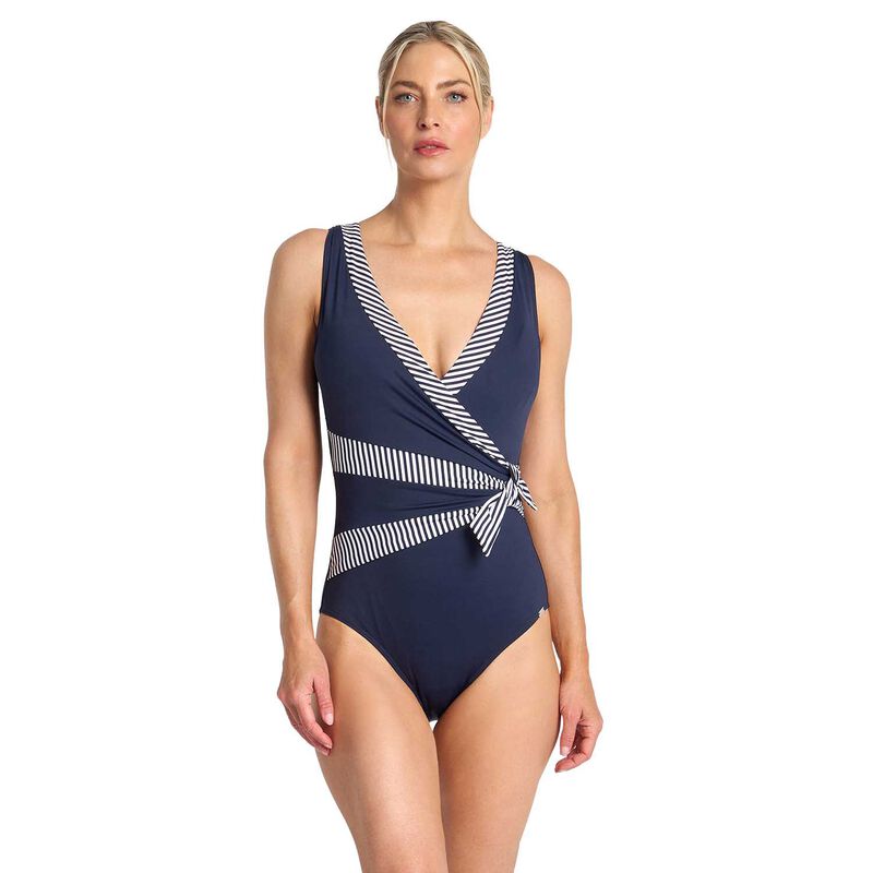 Jantzen Anchor Stripe Sash Surplice One Piece Navy image number 0