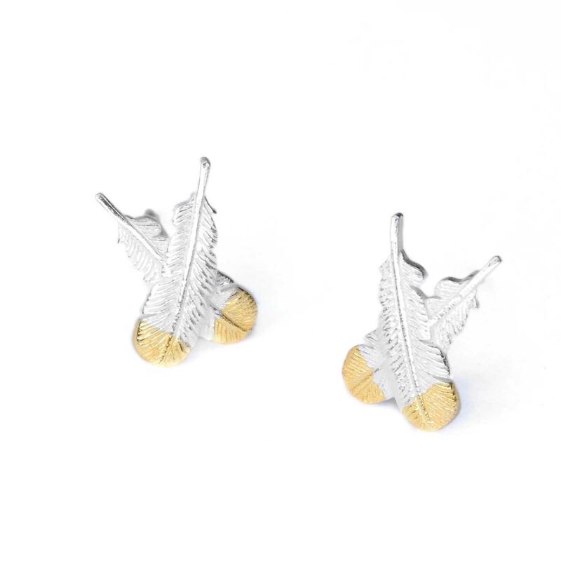 Little Taonga Huia Crossed Feather Earrings Silver With Gold Tips image number 0