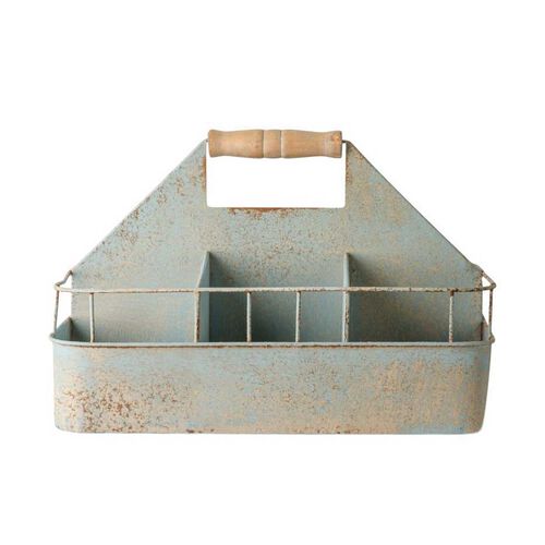 French Country Vintage Metal Seed Crate Antique Blue