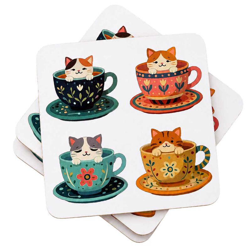 Urban Products Cat Teacup Tails Cork & MDF Coasters Blue 10cm Set Of 4 image number 0