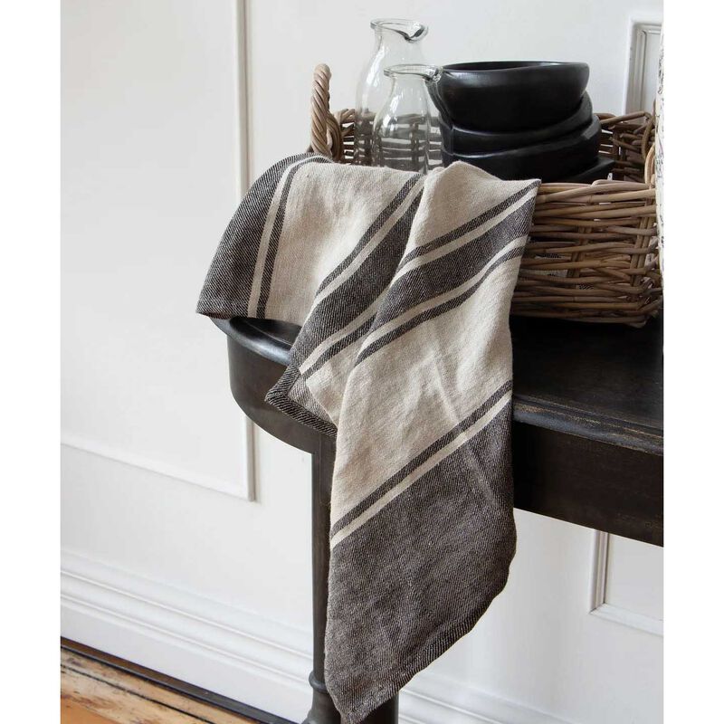 French Country Twill Tea Towel Charcoal with Natural Stripes image number 1