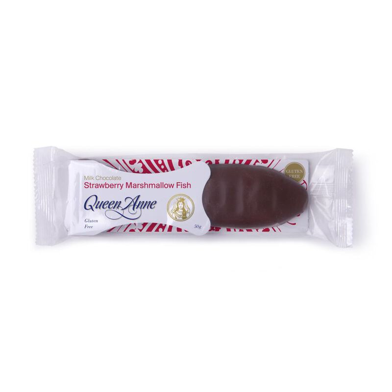 Queen Anne Marshmallow Fish Milk Chocolate Strawberry 50g image number 0
