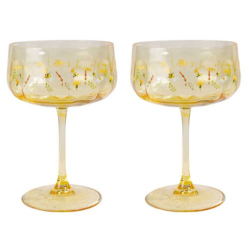 Urban Products Bee Meadow Floral Coupe Glass Yellow 16cm Set Of 2