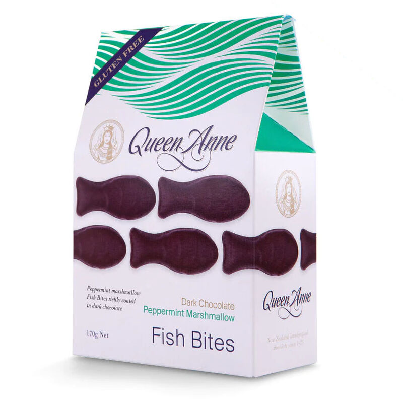 Queen Anne Dark Chocolate Peppermint Marshmallow Fish Bites 170g image number 0