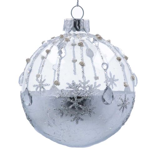 Gisela Graham Clear & Silver Jeweled Stripe Glass Ball